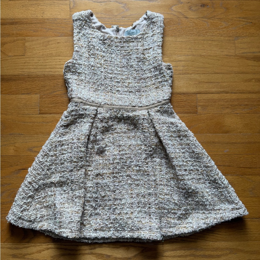 Beige with Gold Pleated A-Line Dress Sleeveless Crew Neck
